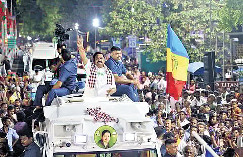AIADMK general secretary Edappadi K Palaniswami campaigning for party candidates in Attur, Salem on Tuesday.