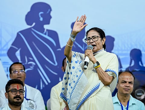 CM Mamata Banerjee addresses a public meeting in Nadia on Monday.