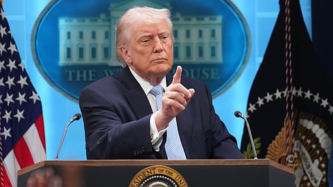 President Donald Trump speaks with reporters during a news conference in the James Brady Press Briefing Room at the White House, Monday, April 6, 2026, in Washington.