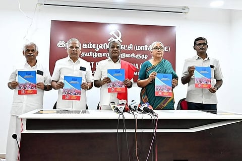 CPM Tamil Nadu released its election manifesto at P R Ninaivagam in Chennai by state Secretary Com P. Shanmugam Polit Bureau Member U. Vasuki, senior leader G. Ramakrishnan, and S. Kannan.