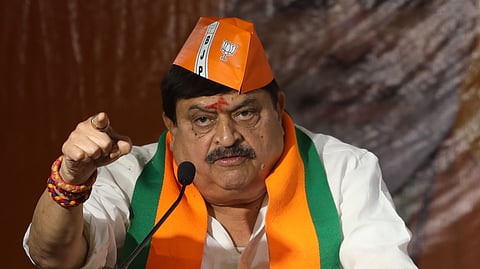  BJP State President N Ramchander Rao addressing the party cadre on the occasion of BJP Foundation Day at Dr Shyam Prasad Mukherjee Bhavan in Nampally, Hyderabad on Monday. 