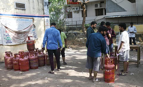 People collect LPG Gas cylenders at  Telangana Civil suplies  Indian Gas Godown in Hyderabad