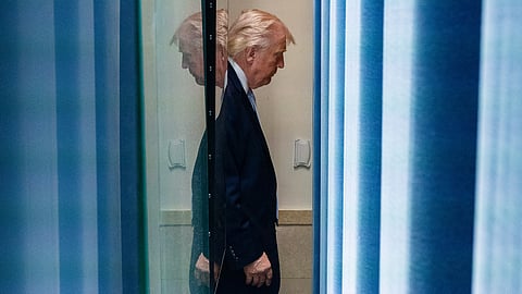 President Donald Trump departs after speaking with reporters in the James Brady Press Briefing Room at the White House, Monday, April 6, 2026, in Washington.