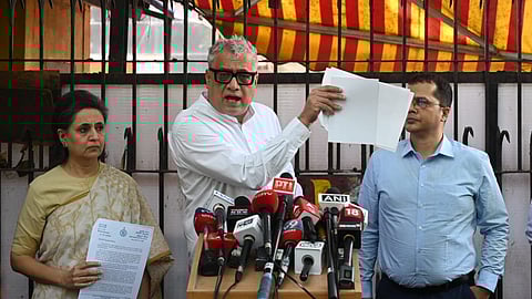 TMC MP delegation Derek O’Brien- ⁠Sagarika Ghosh- ⁠Menaka Guruswamy Saket Gokhale Coming out after Meet  CEC at Nirvachan  Sadan in New Delhi on Wednesday.