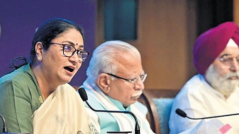 CM Rekha Gupta addresses a press conference on Tuesday.
