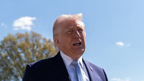 US President Donald Trump speaks with reporters on the South Lawn of the White House, Monday, April 6, 2026, in Washington.