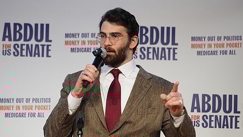 Hasan Piker speaks at a campaign rally for Abdul El-Sayed, a progressive candidate in the Democratic primary for US Senate in Michigan, Tuesday, April 7, 2026, at the University of Michigan in Ann Arbor, Mich.