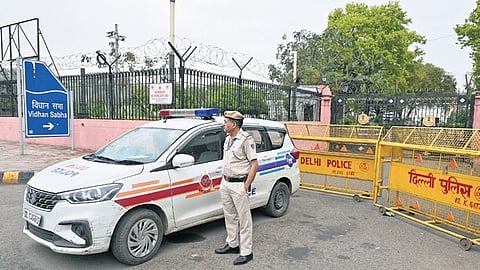 Security personnel deployed in front of Vidhan Sabha gate No. 2.