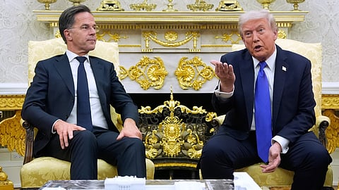 President Donald Trump meets with NATO Secretary General Mark Rutte in the Oval Office of the White House, Oct. 22, 2025, in Washington. 