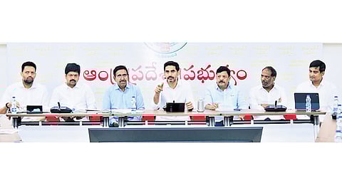 Minister for HRD and IT Nara Lokesh addressing the Cabinet Sub-Committee meeting at his residence in Undavalli on Tuesday 