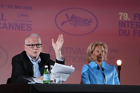 Cannes film festival president Iris Knobloch, right, and Cannes film festival delegate general Thierry Fremaux attend a press conference to announce the International Cannes film festival line up for the upcoming 79th edition, Thursday, April 9, 2026 in Paris.
