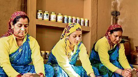 Women grinding herbs on a sil batta