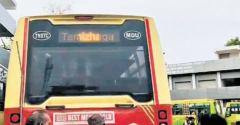 The info board of a TNSTC bus showing the name of a political party 