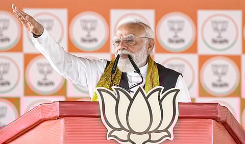 Prime Minister Narendra Modi speaks during a public meeting ahead of the West Bengal Assembly elections, in Haldia, West Bengal.