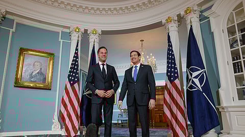 Secretary of State Marco Rubio, right, is joined by NATO Secretary General Mark Rutte, left, for a photo opportunity at the State Department, Wednesday, April 8, 2026, in Washington.