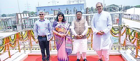 CM Mohan Charan Majhi, deputy CM KV Singh Deo, Bhubaneswar MP Aparajita Sarangi and OPTCL CMD Bhaskar Jyoti Sharma after the sub-station inauguration on Thursday