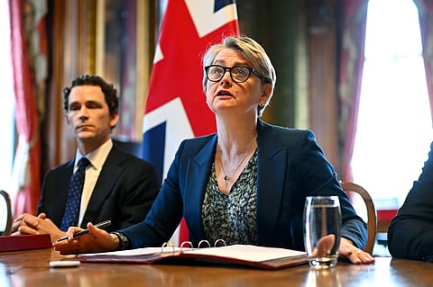 Britain's Foreign Secretary Yvette Cooper speaks during a virtual summit at the Foreign & Commonwealth Office in London, on Thursday April 2, 2026, with around 35 countries to discuss ways of reopening the Strait of Hormuz.