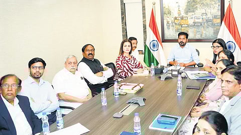Chief Minister A Revanth Reddy during a meeting with the representatives of companies in Hyderabad on Wednesday