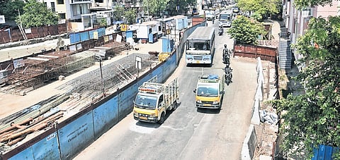 The stretch where a bus stop, Nadamuni theatre, was shifted following CMRL construction.