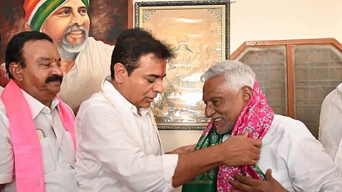 BRS working president KT Rama Rao along with senior leader who resigned from Congress party T Jeevan Reddy at the latter's residence in Jagtial