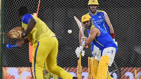 MS Dhoni (C) during nets at MA Chidambaram Stadium on Friday