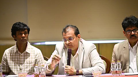  Secretary to AP Chief Minister P.S. Pradyumna, SRM-A.P. University authorities, scientists and researchers addressing the media in Vijayawada on Thursday. 