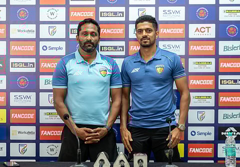 Chennaiyin FC's head coach Clifford Miranda and defender Manadr Rao Desai during the press conference