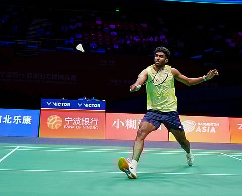 India's Ayush Shetty during a rally against Jonatan Christie, Indonesia, at the Badminton Asia Championship in China on Friday 