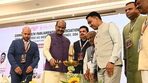 Speaker Om Birla lights the ceremonial lamp at the conference in Panaji.