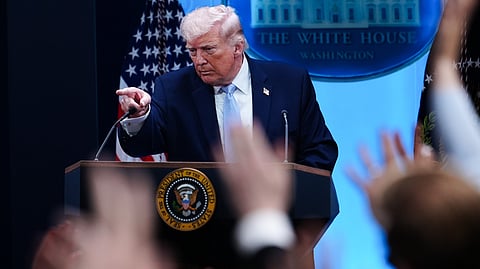 President Donald Trump speaks with reporters in the James Brady Press Briefing Room at the White House, Monday, April 6, 2026, in Washington.