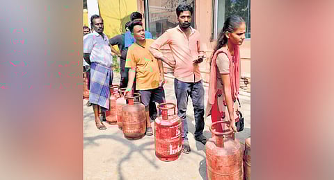 Consumers queuing up at Indane distributor Prasanna Gas Agency’s office in Korattur 