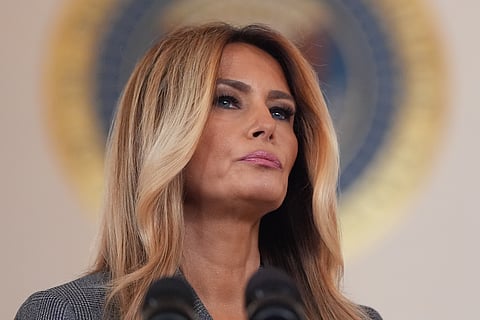 First lady Melania Trump speaks to reporters Thursday, April 9, 2026, in the Grand Foyer of the White House in Washington. 