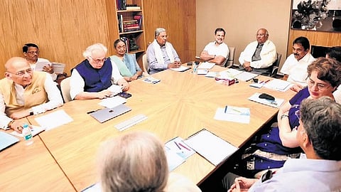 AICC president Mallikarjun Kharge, LoP in Lok Sabha Rahul Gandhi, CM Siddaramaiah and others at the CWC meeting in New Delhi on Friday.