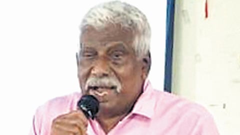 Retired headmaster Dasari Vijayanand Rao addresses an awareness programme at the District Resource Center in Nizamabad  district recently