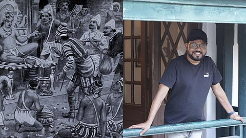 A sketch of Pulakeshi II's court (L) and KM Chaitanya (R)