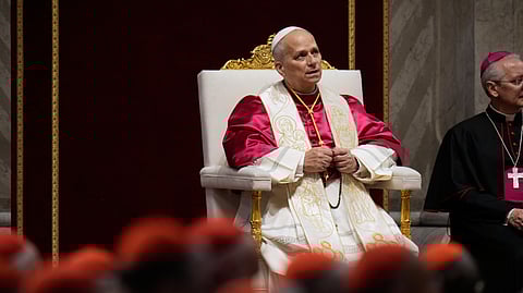 Pope Leo XIV leads a vigil for peace inside St. Peter's Basilica at the Vatican, Saturday, April 11, 2026. 