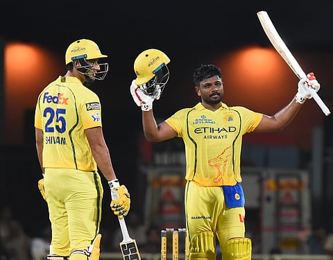 Sanju Samson celebrates his century alongside Shivam Dube