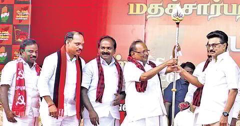 Chief Minister and DMK leader M K Stalin being felicitated during his election campaign in Pudukkottai on Saturday.