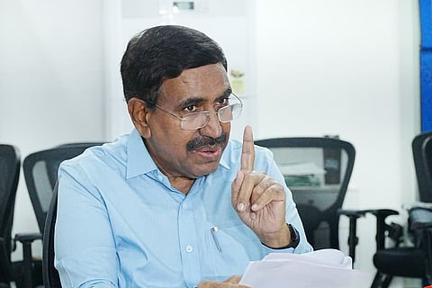 MA&UD minister P Narayana addressing the media on Saturday.