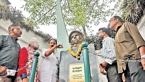 Gagarin T S, Gagarin Babu, Yuri Gagarin, Gagarin Kumar and Gagarin P stand near the bust of cosmonaut Yuri Gagarin in front of the Honorary Consulate of Russia in Thiruvananthapuram on Saturday.
