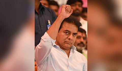 BRS working president KT Rama Rao during a meeting with partymen at Ibrahimpatnam