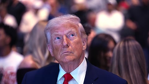 President Donald Trump attends the UFC 327 at Kaseya Center, Saturday, April 11, 2026, in Miami.