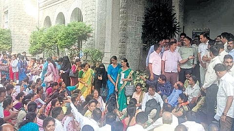 Schoolteachers protest at the GBA head office at NR Square on Monday.