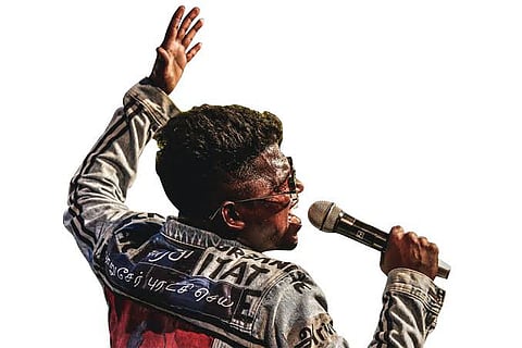 Singer Arivu in Ambedkar jacket, a creation by Purush Arie