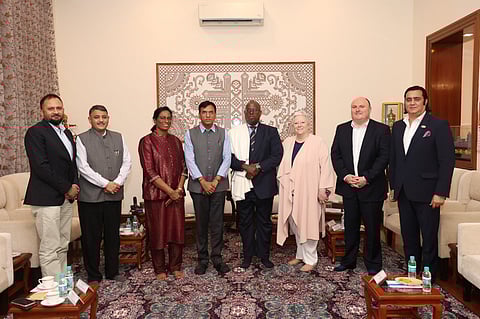 CS CEO Katie Sadleir (3rd from R) along with CS chief Donald Rukare ( C), Sports Minister Mansukh Mandaviya, IOA chief PT Usha (3rd from L) with other delegates