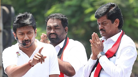 Tamil Nadu Deputy CM Udayanidhi Stalin addressing a poll campaign here in support of party candidates: Lakshmanan for Villupuram and Gowtham Dravidamani, who is contesting from Vanur Assembly constituency.