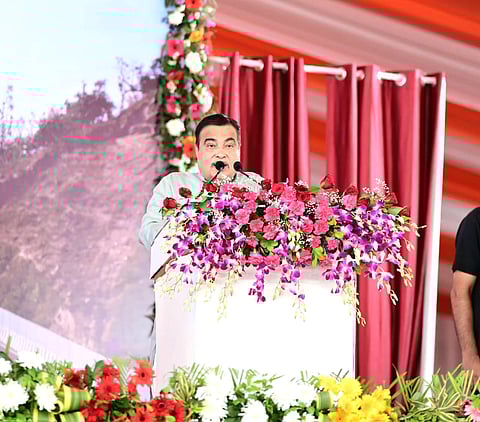 Union Minister Nitin Gadkari speaking during the inauguration of the Delhi-Dehradun Expressway, in Dehradun, Tuesday, April 14, 2026.