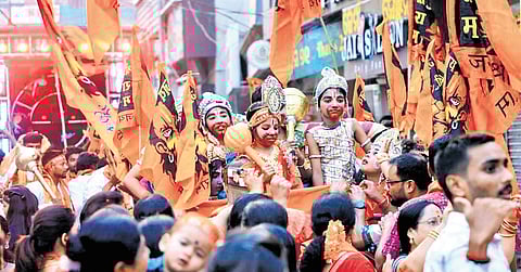 Children dressed as Lord Hanuman during the procession in Sambalpur.