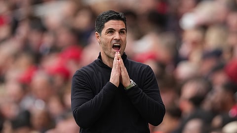 Arsenal's manager Mikel Arteta reacts during the Premier League soccer match between Arsenal and Bournemouth in London, England, Saturday, April 11, 2026. 