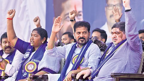Chief Minister A Revanth Reddy takes part in the Dr BR Ambedkar birth anniversary celebrations along with Ministers Danasari Anasuya (Seethakka) and Ponnam Prabhakar at Lower Tank Bund in Hyderabad on Tuesday.